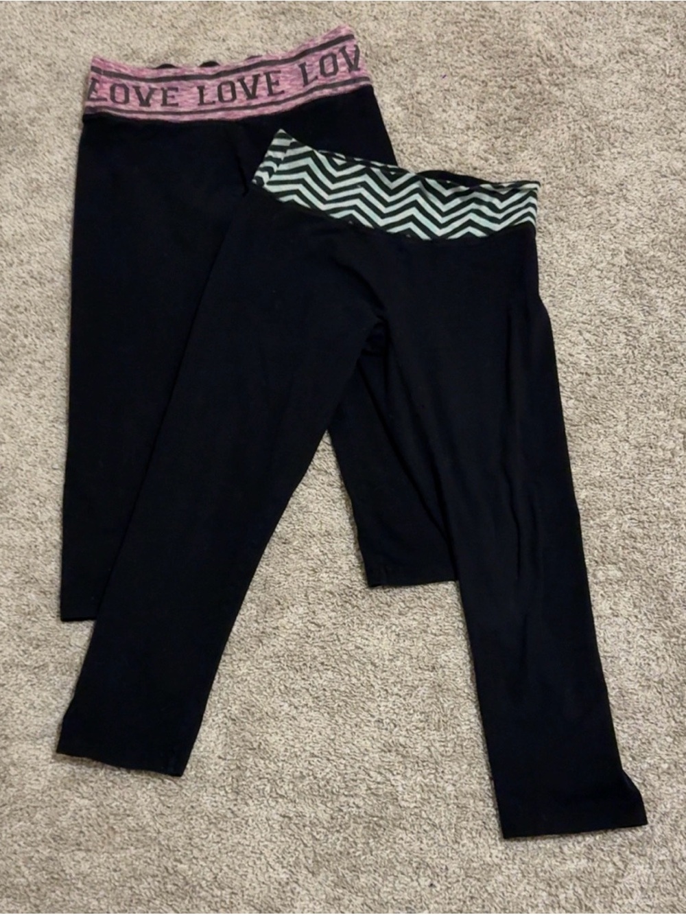 Juniors Black Leggings with Pink 'LOVE' Waistband and Mint Design Waistband